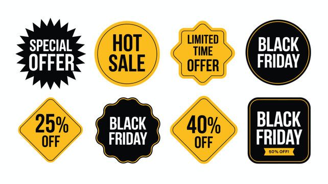 A collection of colorful sale badges and labels displaying offers like hot sale black friday and percentage discounts high quality professional detailed modern elegant stylish clean