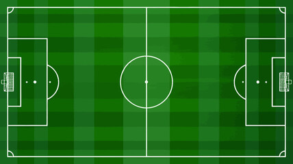 An aerial view showcases a vibrant green soccer field marked with crisp white lines including goals center circle and penalty areas high quality professional detailed modern © Digishopppp
