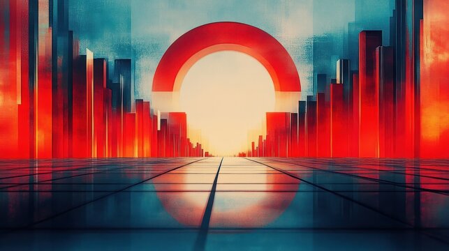 futuristic reflective avenue leading to a huge glowing circular arch framed by towering monolithic buildings at sunrise, dramatic and surreal atmosphere
