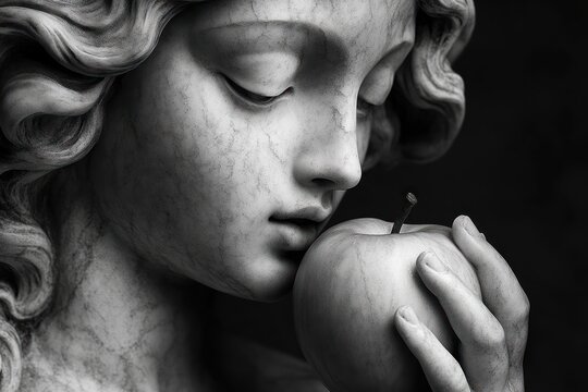 close-up of a marble sculpture with flowing curly hair and a hand gently holding an apple, serene and contemplative in dramatic monochrome lighting