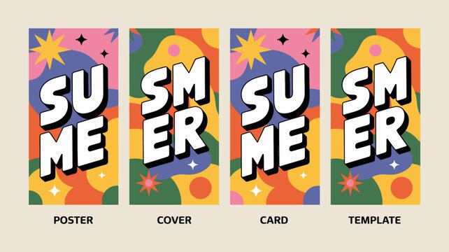 A vibrant set of four social media templates displays the word summer in bold lettering against abstract colorful backgrounds high quality professional detailed modern elegant stylish