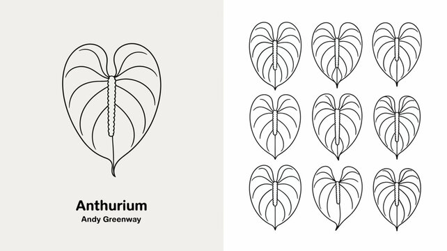 A minimalist botanical illustration depicts nine anthurium leaves arranged in a grid showcasing their heart shaped forms and intricate vein patterns high quality professional detailed modern