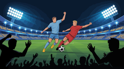 Naklejka premium A dynamic illustration depicts two soccer players in mid action on a brightly lit field facing off during a competitive match with a crowd high quality