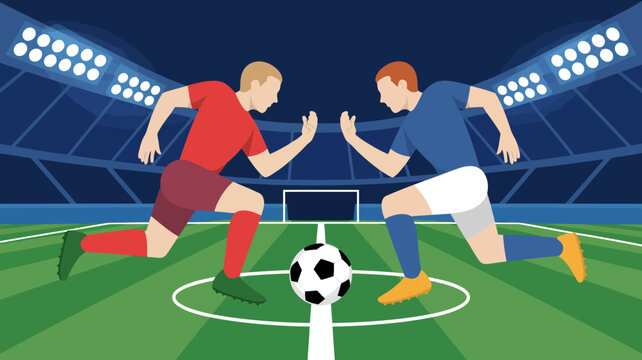 A digital illustration depicts two soccer players in opposing team colors preparing to compete for a soccer ball on a field high quality professional detailed modern