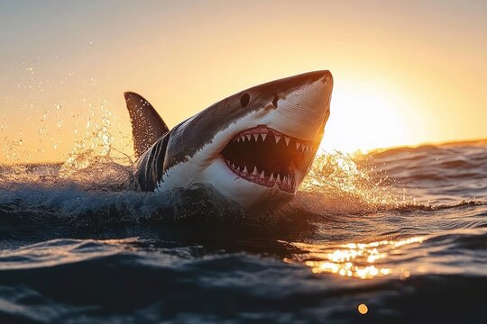 great white shark breaching with wide open jaws and sharp teeth splashing seawater in golden sunset light, dramatic and powerful ocean moment