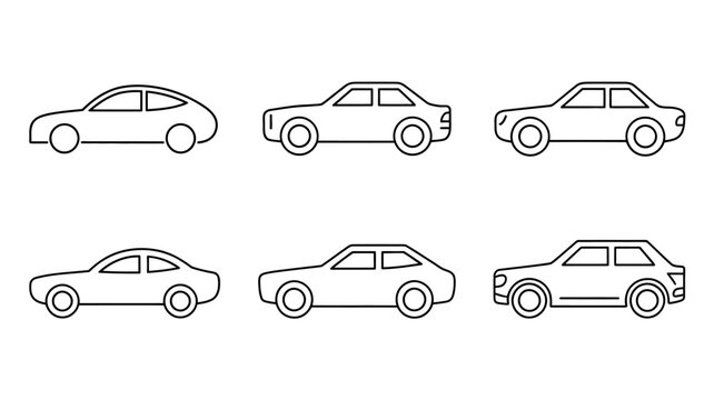 A collection of six minimalist black and white line drawing illustrations depicting different styles of passenger automobiles high quality professional detailed modern elegant stylish clean crisp