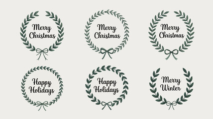 A collection of six festive wreaths displaying christmas and holiday greetings with elegant calligraphy and bow details high quality professional detailed modern stylish clean crisp vibrant © Digishopppp