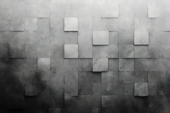 Gray concrete wall of square panels arranged in a staggered geometric pattern, creating a moody, industrial abstract texture.