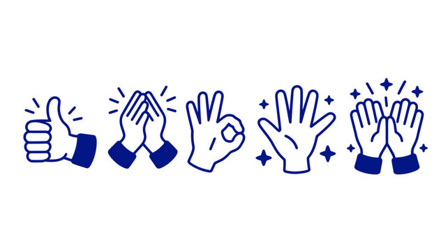 A series of five hand gestures are depicted in a simple cartoon style representing approval clapping and positive reinforcement high quality professional detailed modern elegant stylish