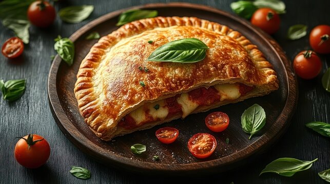 Golden baked calzone half-cut revealing melted cheese and tomato filling on a wooden plate with cherry tomatoes and fresh basil, warm and appetizing