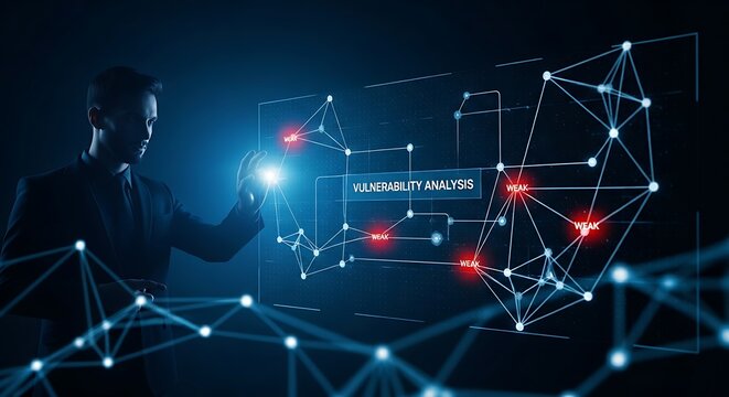 Vulnerability analysis concept. A cybersecurity expert's hands perform a vulnerability scan on a network hologram, with weak points glowing red to be patched.