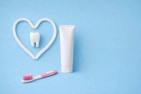 Dental oral care toothbrush toothpaste tooth heart blue hygiene background concept for clinic branding and promotion ads