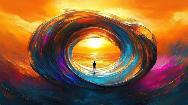 A lone figure stands inside a circular rainbow whirlwind, gazing at a glowing sunset over the ocean.