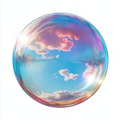 Obraz premium Iridescent soap bubble reflecting a blue sky with pink clouds and sun glares, a dreamy serene floating sphere of color and wonder