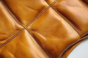 Fototapeta premium close-up of tan quilted leather upholstery with stitched square panels, soft padded cushions and warm glossy finish conveying luxury and cozy comfort