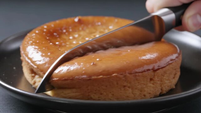 Cutting a Delicious Caramel Cake Slice with a Silver Knife.
