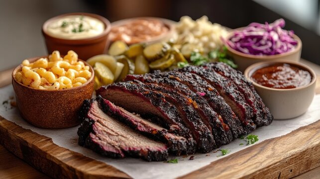 Sliced smoked beef brisket with dark charred bark on a wooden board served with macaroni and cheese, pickles, purple cabbage slaw, barbecue sauce and creamy dips &mdash; comforting and indulgent