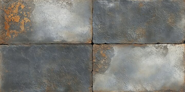 Close-up of four weathered concrete blocks in a wall, showing rust stains, cracks, and blue-gray surfaces
