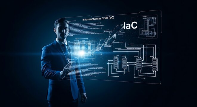 Infrastructure as Code (IaC) concept. An IT professional's hands manage a system where a hologram shows lines of code transforming into automatically configured virtual servers and networks.