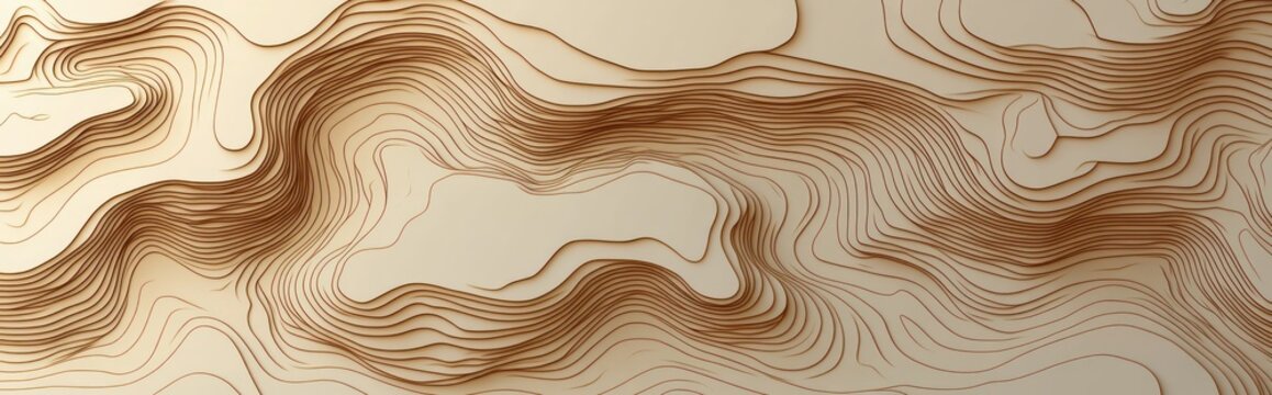 abstract layered beige and brown contour lines forming flowing topographic waves and paper-cut relief with soft shadows, evoking a calm and organic mood