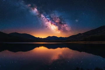 Poster Reflectie milky way arching over silhouetted mountains and a calm lake with golden horizon glow, reflected stars creating a serene awe-inspiring night landscape  © smartcat