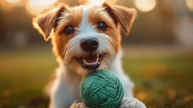 small dog with floppy ears sitting on grass at golden hour holding a green ball of yarn, warm backlit scene conveying playful curiosity and contentment