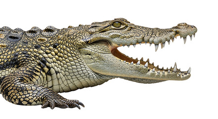 Obraz premium detailed close-up of a large predatory crocodile with its mouth open showcasing its sharp teeth and scaly skin for wildlife and nature education.