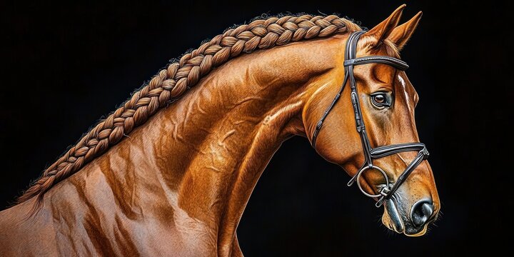 Close-up of a chestnut horse with a thick braided mane wearing a leather bridle and bit, calm and focused against a dark background
