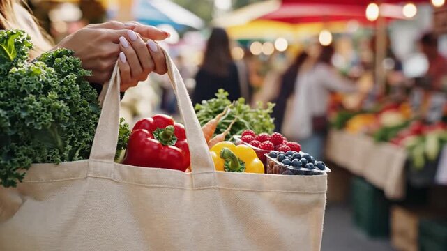 Person holding reusable bag with fresh vegetables and fruits at market