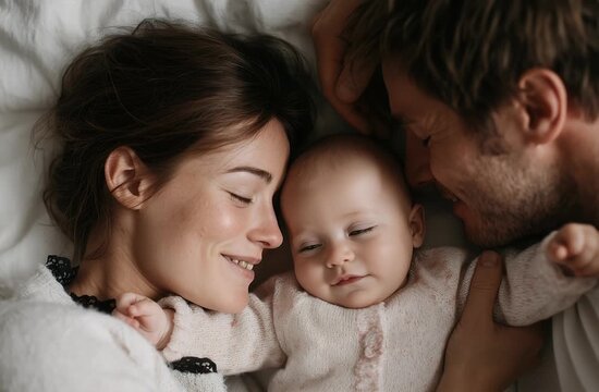 Parents bonding with their baby at home in a tender moment. Family love, connection and parenting concept.