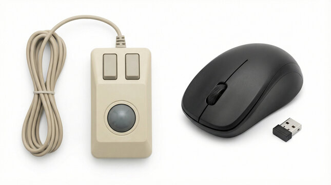 Side by side comparison of a vintage wired trackball mouse and a modern black wireless mouse. Evolution of computer hardware and technology concept. Isolated on white background