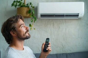 Fototapeta premium man in casual shirt holding remote and adjusting wall air conditioner above sofa with potted plant, calm relaxed mood