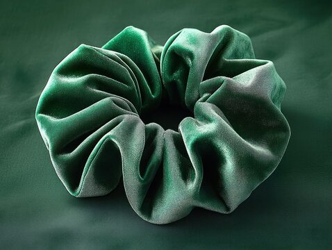 emerald green velvet hair scrunchie on matching green background, plush folds and soft sheen, elegant and soothing mood