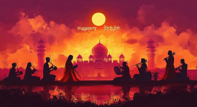 silhouetted musicians playing traditional instruments by a reflecting pool in front of a grand domed mausoleum at sunrise, serene and devotional atmosphere