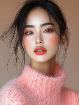 Cozy intimate portrait of a person wearing a soft pink fuzzy turtleneck sweater with tousled dark hair against a warm beige background, serene mood