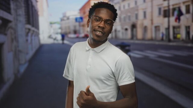 Man in white polo shirt and eyeglasses on sunlit street with thumb pointing over shoulder; confidence.