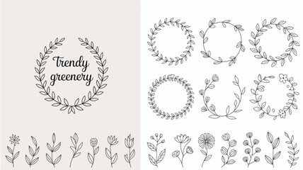 Obraz premium A collection of hand drawn botanical wreath illustrations and individual floral elements presented in a minimalist black and white style high quality professional detailed modern elegant
