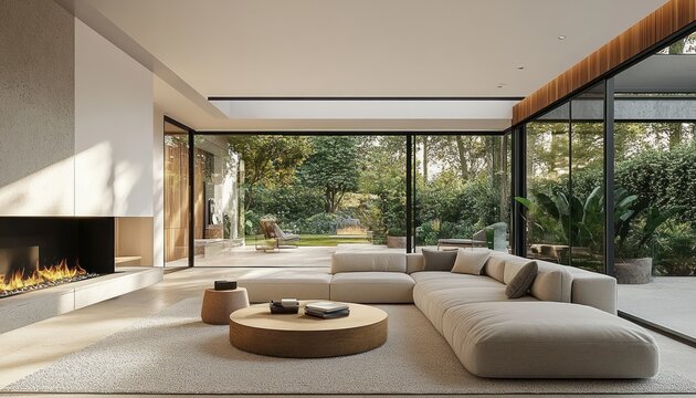 sunlit modern living room with large beige l-shaped sectional, round wooden coffee table, built-in fireplace and floor-to-ceiling glass walls opening to lush garden, serene and inviting