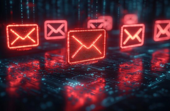 Red glowing envelope icons float above a blue circuit board, creating a futuristic digital mail scene with neon reflections and a high-tech mood
