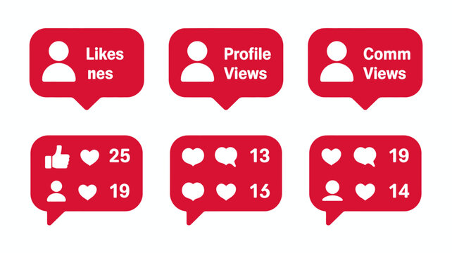 A set of six red speech bubbles displays social media icons and metrics including likes profile views comments and heart counts high quality professional detailed modern