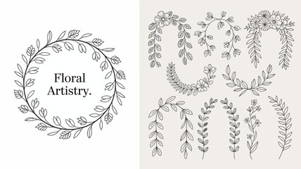 Obraz premium A collection of delicate floral line art designs including wreaths and individual botanical elements rendered in black and white high quality professional detailed modern elegant stylish