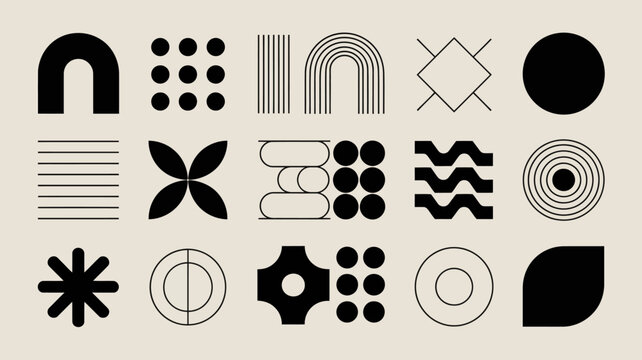 A minimalist composition features a collection of black geometric shapes and lines arranged on a neutral beige background high quality professional detailed modern elegant stylish clean