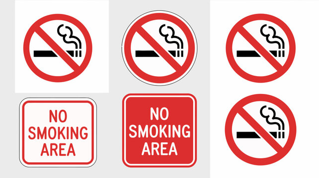 A collection of red and white no smoking signs both circular and rectangular indicating prohibited smoking areas high quality professional detailed modern elegant stylish clean crisp