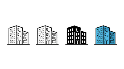 Four simplified building icons are displayed in a row each with a distinct color and outline style high quality professional detailed modern elegant stylish clean crisp © Nargis