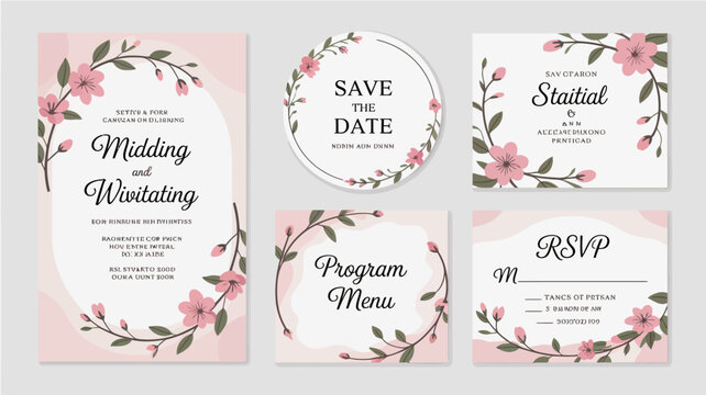 A collection of wedding stationery designs featuring delicate pink floral wreaths and elegant cursive typography for a romantic event high quality professional detailed modern stylish clean