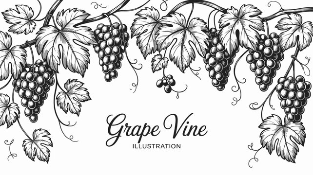 A detailed vintage style illustration showcases lush grape vines with hanging bunches of grapes and intricately detailed leaves high quality professional modern elegant stylish clean crisp
