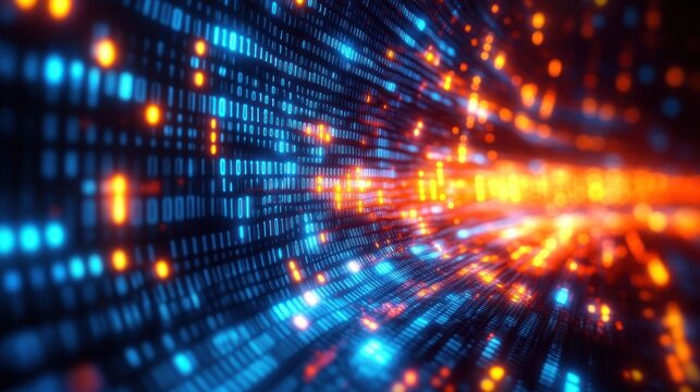 Glowing blue and orange binary digits forming a streaming tunnel of light, conveying rapid futuristic energy and digital motion