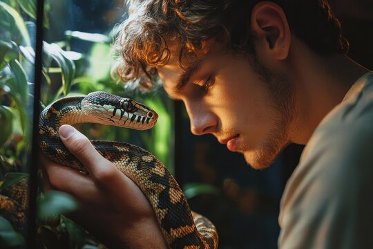 person with curly hair gently cradling a patterned python among green terrarium plants under soft warm light, an intimate calm moment of connection