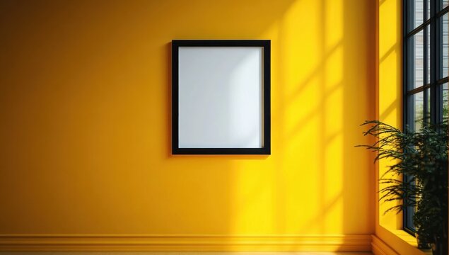 sunlit yellow interior with a black-framed blank square on the wall, window grid shadows and a potted plant creating a warm calm minimalist atmosphere
