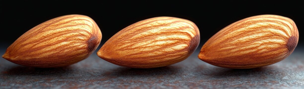 Three almonds in a row on a textured surface with warm golden lighting, detailed grooves and a calm, natural still life mood